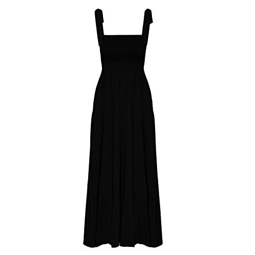 kinstell Women's Summer Boho Spaghetti Strap Square Neck Ruffle Casual Flowy Long Dress Beach Swing Party Maxi Dress Black | Amazon (US)