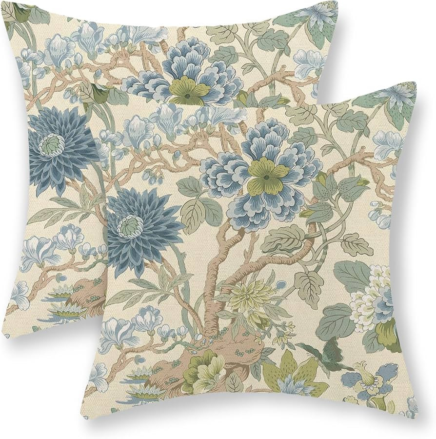 Blue Green Pillow Covers 18x18 Inch Set of 2 Chinoiserie Floral Throw Pillows Vintage Blue Flower... | Amazon (US)