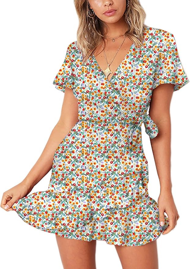 Relipop Summer Women Short Sleeve Print Dress V Neck Casual Short Dresses | Amazon (US)