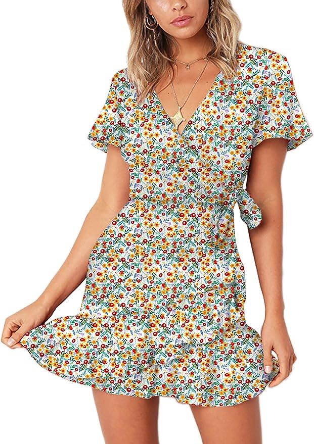 Relipop Summer Women Short Sleeve Print Dress V Neck Casual Short Dresses | Amazon (US)