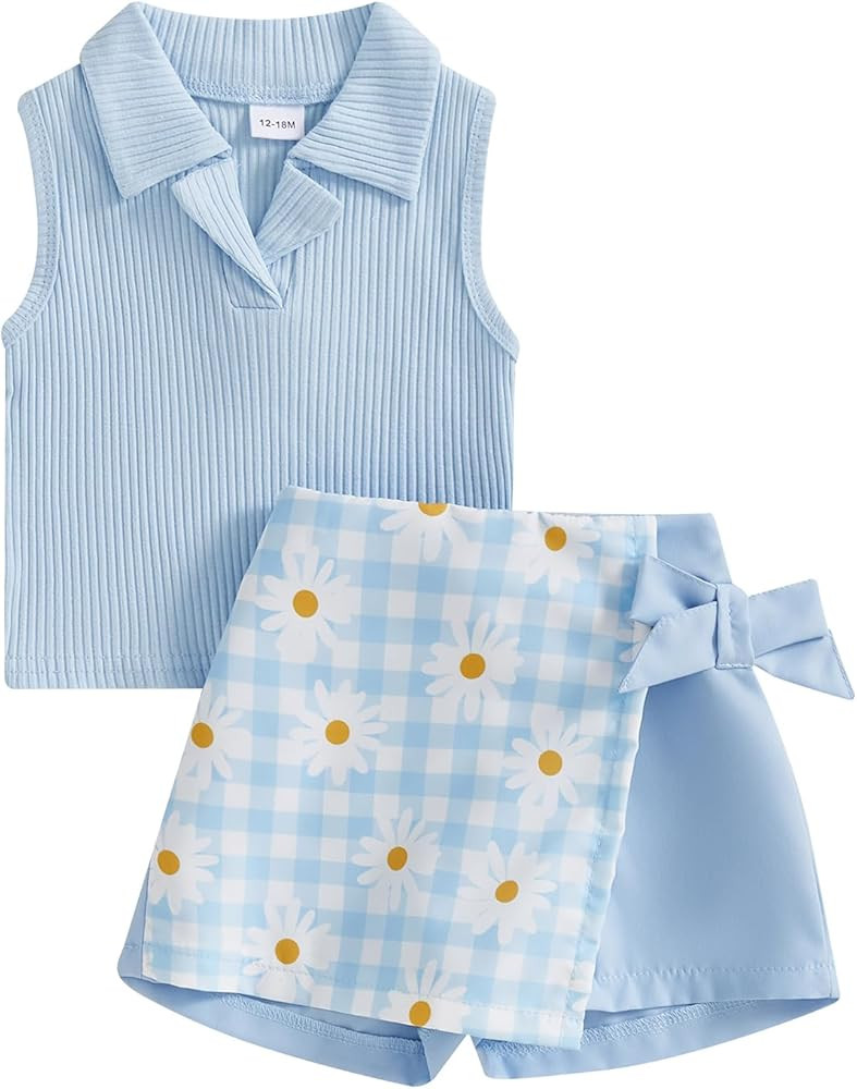 Madjtlqy Toddler Baby Girl Summer Outfits Solid Color Collared Sleeveless Tank Tops + Floral Plai... | Amazon (US)