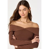 ASTR the Label | Ribbed Off Shoulder Long Sleeve Sweater in Brown | Size XS | ASTR The Label (US)
