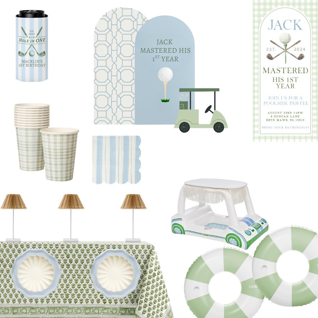 “Fore” the tiniest golfer in your life ⛳️💚 Our Mini Masters party board is teeing up all the preppy greens, powder blues, and timeless details for a hole-in-one celebration. Perfect for first birthdays, backyard bashes, and pint-sized poolside putting! 🏌🏻‍♂️✨
