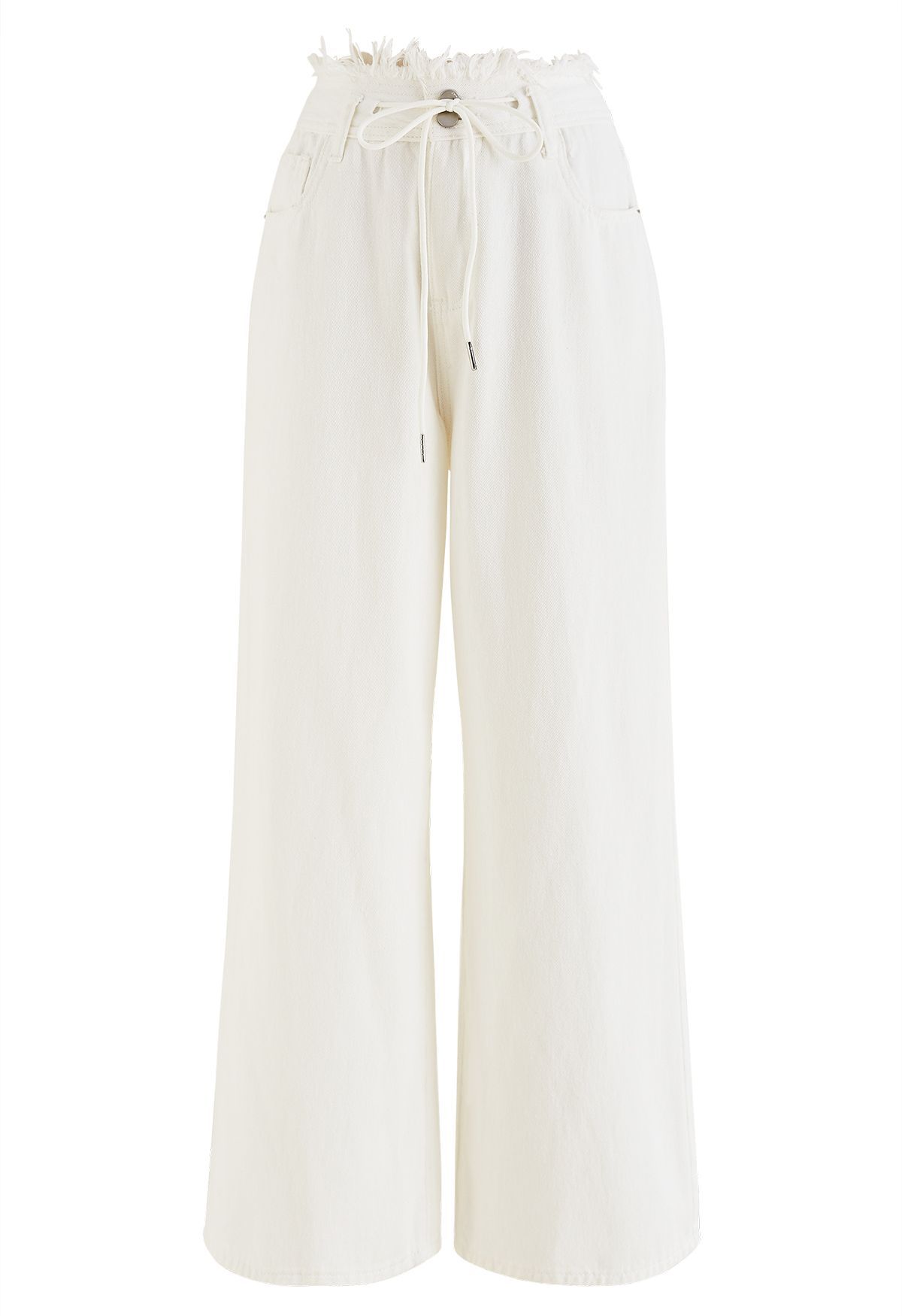 Drawstring Frayed Waist White Jeans | Chicwish
