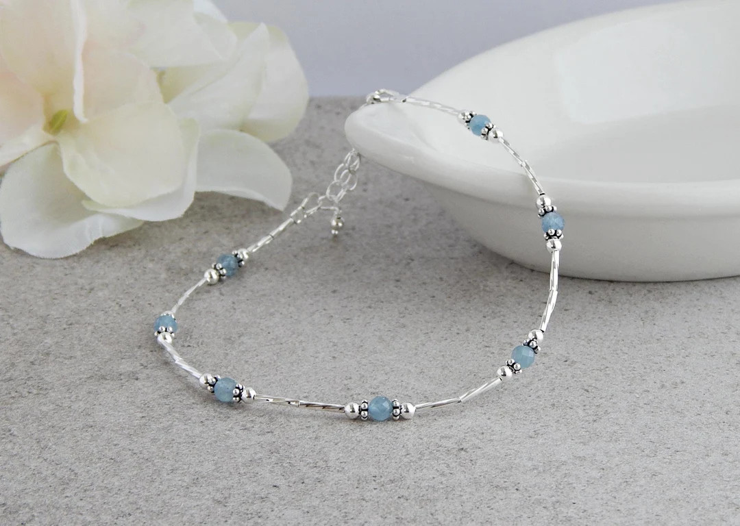 Aquamarine Anklet With Sterling Silver, Anklets for Women, March Birthstone Gift, Something Blue ... | Etsy (US)