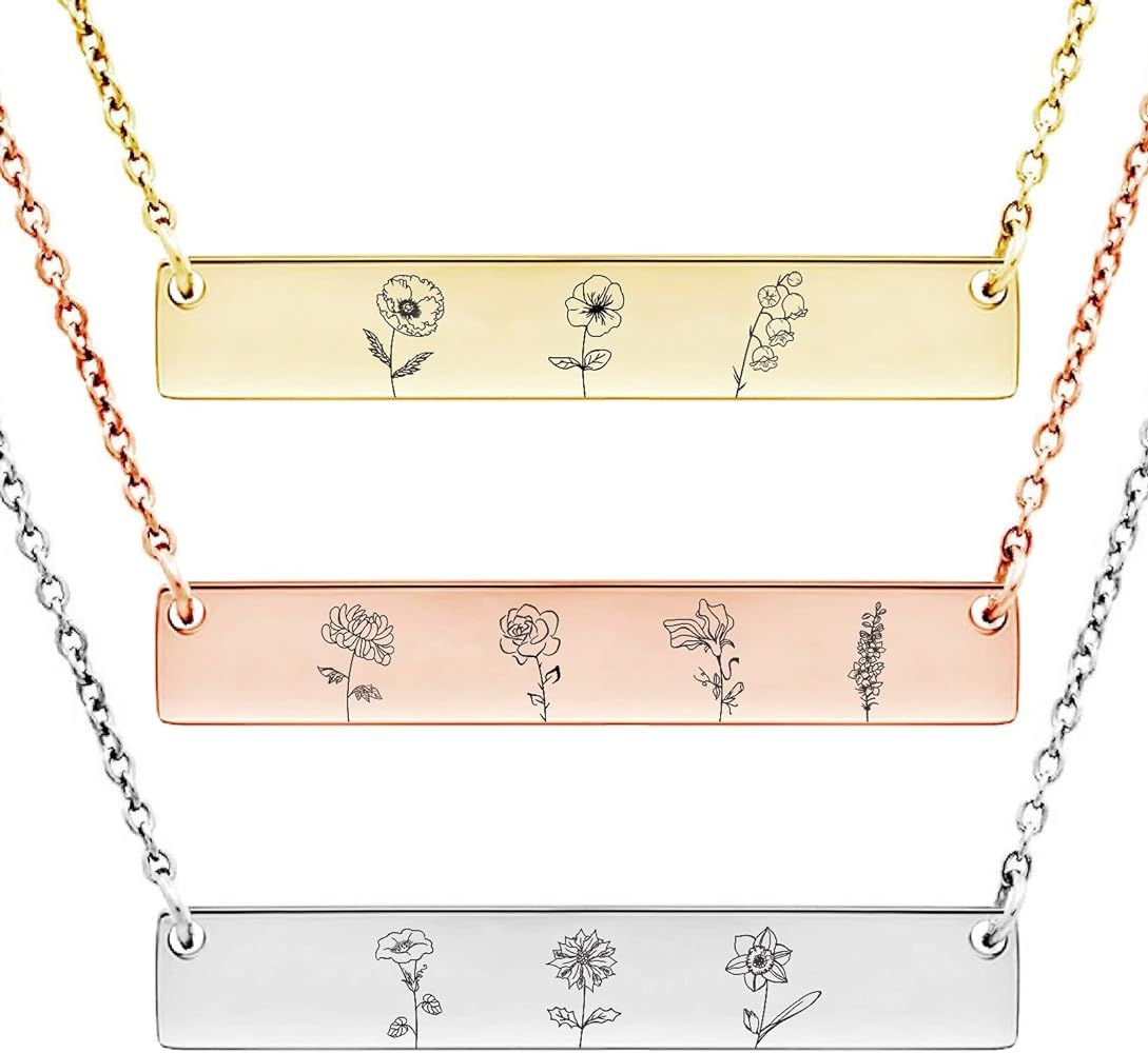 Anavia Personalized Birth Month Flowers Necklace, Personalized Engraved Floral Bar Necklace, Customized Birthday Gifts Love Jewelry Mom Sister Friends Family Couple Long Distance | Amazon (US)