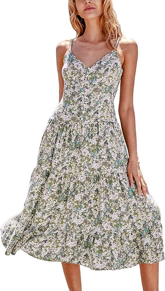 CUPSHE Women's V Neck Floral Print Adjustable Straps Ankle Length Dress | Amazon (US)