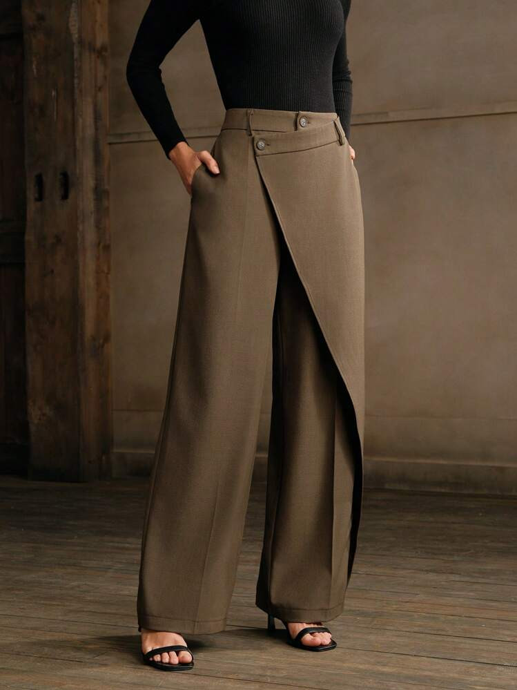 Anewsta Women's Solid Color Asymmetrical Drape Straight Leg Office Pants | SHEIN