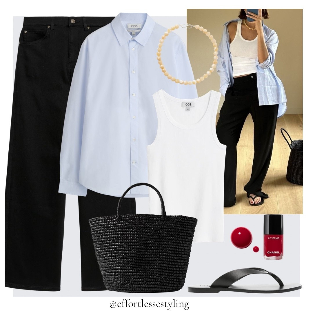 Casual Spring outfit. 

Blue relaxed cotton shirt, white ribbed cotton vest, beige / yellow bead necklace, black wide leg jeans, black leather flip flops, red nail polish, black raffia tote bag. 

#LTKgrwm #LTKootd #LTKspringtrends