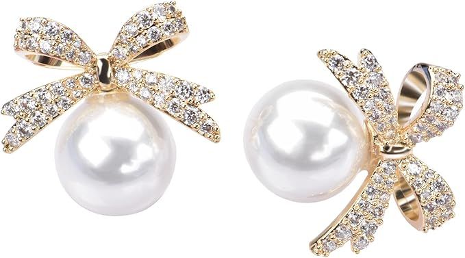 Akkordeon CZ Crystal Bow Head Pearl Earrings for Women Gold Plated Pure White Pearl Stud Earrings... | Amazon (US)