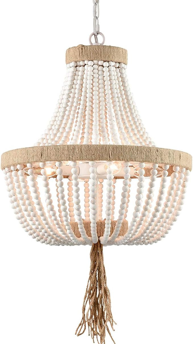 Farmhouse White Wood Beaded Chandeliers Large Dining Room Pendant Chandelier Wooden Bead Chandeli... | Amazon (US)