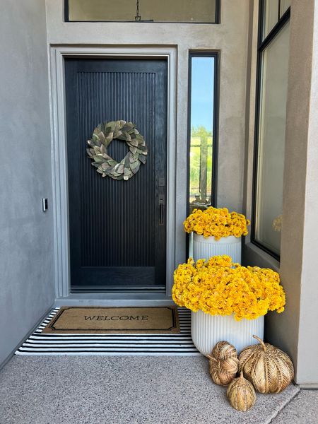 Front Porch refresh for Fall 
Outdoor planter 
Faux pumpkins 
Doormat 
Magnolia wreath 
Stripe rug 
Faux mums

#LTKunder100 #LTKunder50 #LTKhome