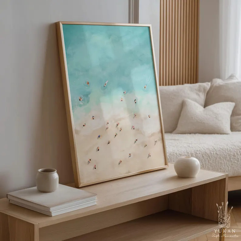 Summer Beach Watercolor Print, Aerial Coastal Scene, People Swimming by the Shore, Calm Ocean Wal... | Etsy (US)