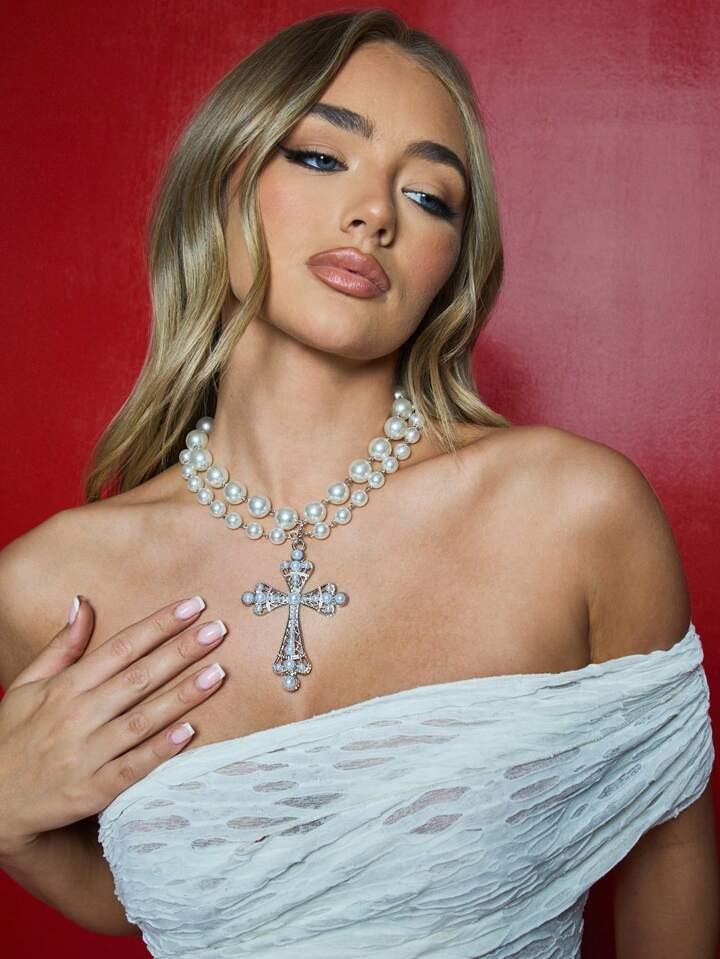 MISSGUIDED Metal Cross Pendant Multi-Layer Faux Pearl Necklace | SHEIN