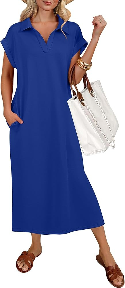 ANRABESS Womens Summer Casual Midi Dresses Short Sleeve Polo V Neck Loose Split Wrinkle-Free Beac... | Amazon (US)