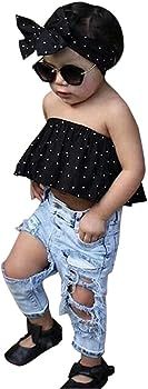 2017 Baby Girls Off Shoulder Polka Dot Top+Destroyed Ripped Jeans+Headband Clothes Outfit Set | Amazon (US)