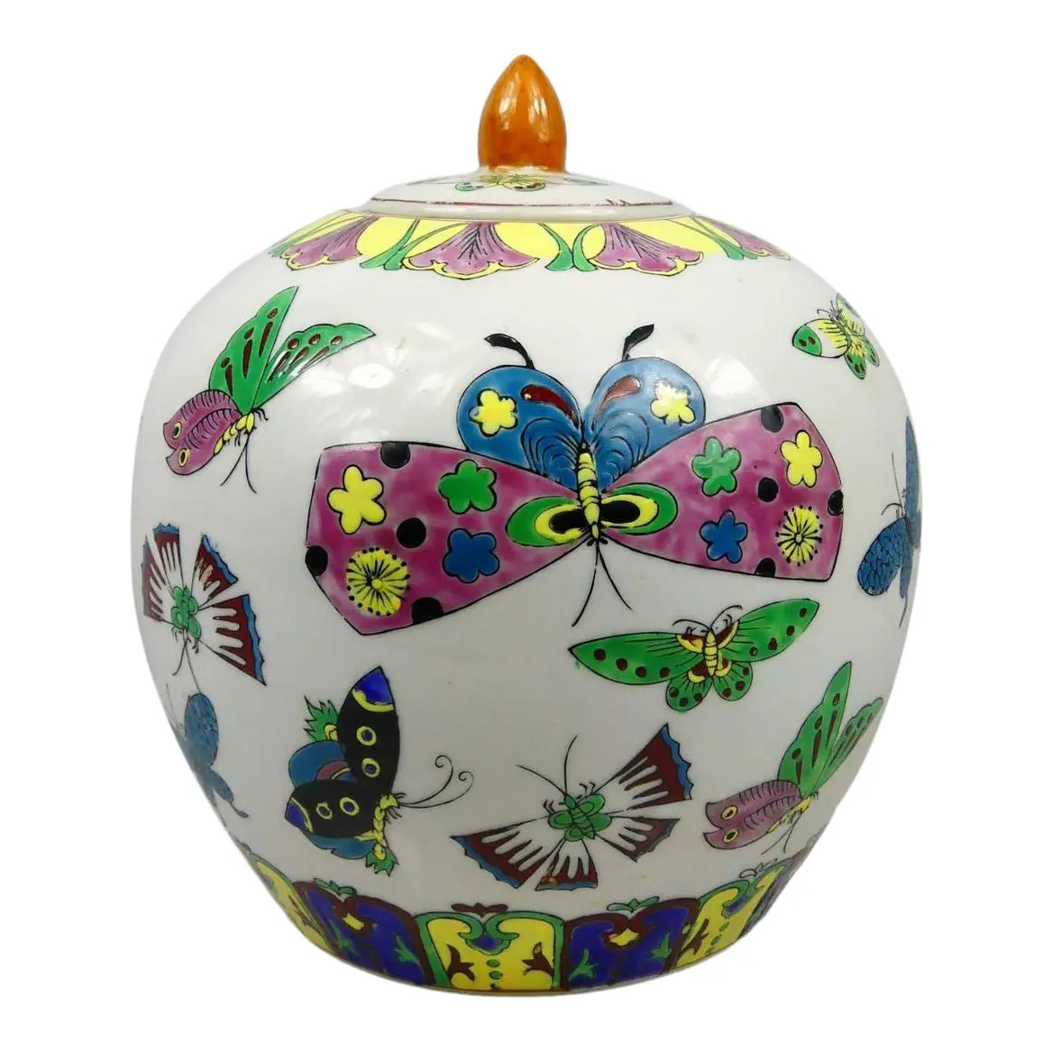 Late 20th Century Chinese Decorative Covered Porcelain Jar With Butterfly Designs | Chairish