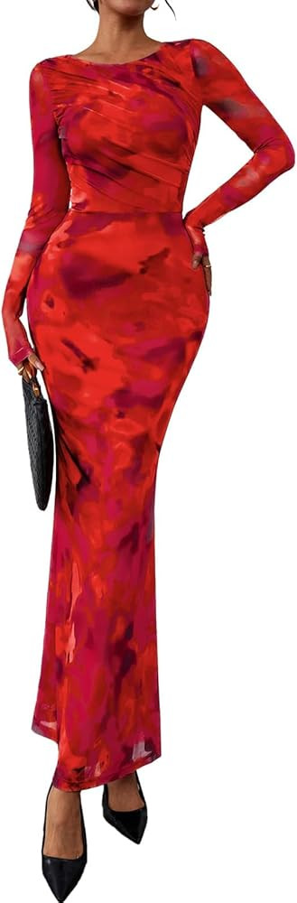 PRETTYGARDEN Women's Long Sleeve Floral Fall Wedding Guest Dress Casual Crewneck Ruched Bodycon M... | Amazon (US)