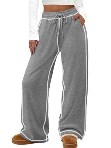 ATHMILE Grey Sweatpants for Women Track Pants Wide Leg Straight Drawstring Teen Girl Fall Jogging Lounge Pajama Joggers 2025 | Amazon (US)