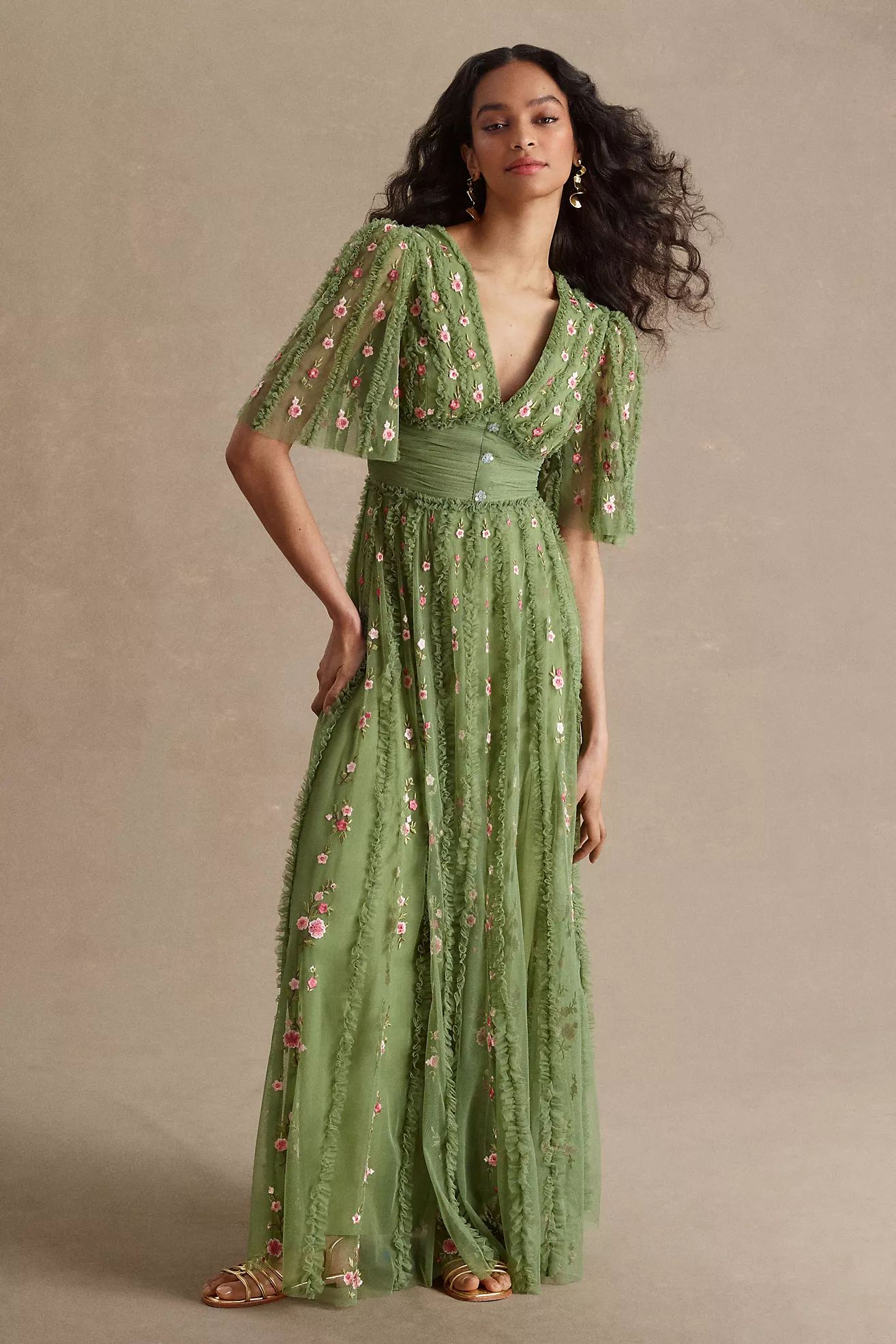Mac Duggal Short-Sleeve Floral Ruffled V-Neck Gown | Anthropologie (US)