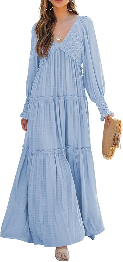 AlvaQ Women's 2023 Fall V Neck Lanter Sleeve Smocked High Waist Flowy A Line Tiered Long Maxi Dre... | Amazon (US)