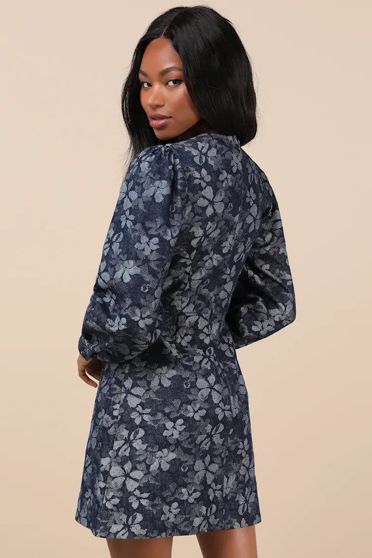 Darling Girl Dark Blue Floral Denim Long Sleeve Mini Dress | Lulus