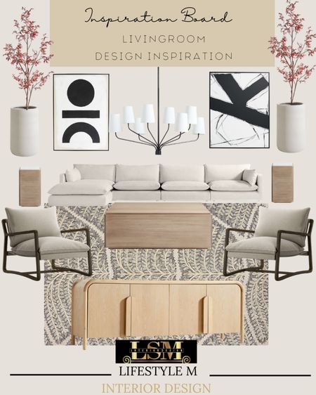 Living room design inspiration. Perfect transitional style home living room look. Recreate it at home by shopping the pieces below. Living room rug, media console table, accent chairs, wood coffee table, white sectional sofa, wood end tables, modern wall art, chandelier, planters, faux fall tree. 

#homefurniture, #livingroomfurniture, #livingroomdecor

#LTKstyletip #LTKSeasonal #LTKhome