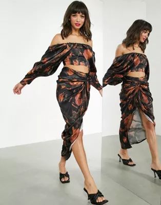ASOS EDITION satin drape front skirt in dark based marble print | ASOS (Global)