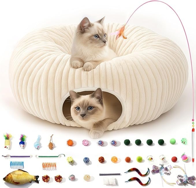 Cat Tunnel Bed with 40 Cat Toys, Collapsible Play Tunnel for Indoor Cats, Cat Tube for Kitten Pup... | Amazon (US)