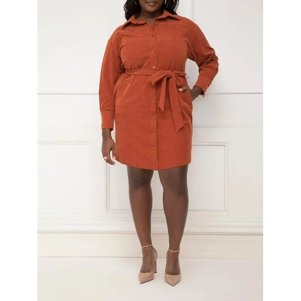 ELOQUII Elements Women's Plus Corduroy Shirt Dress | Walmart (US)