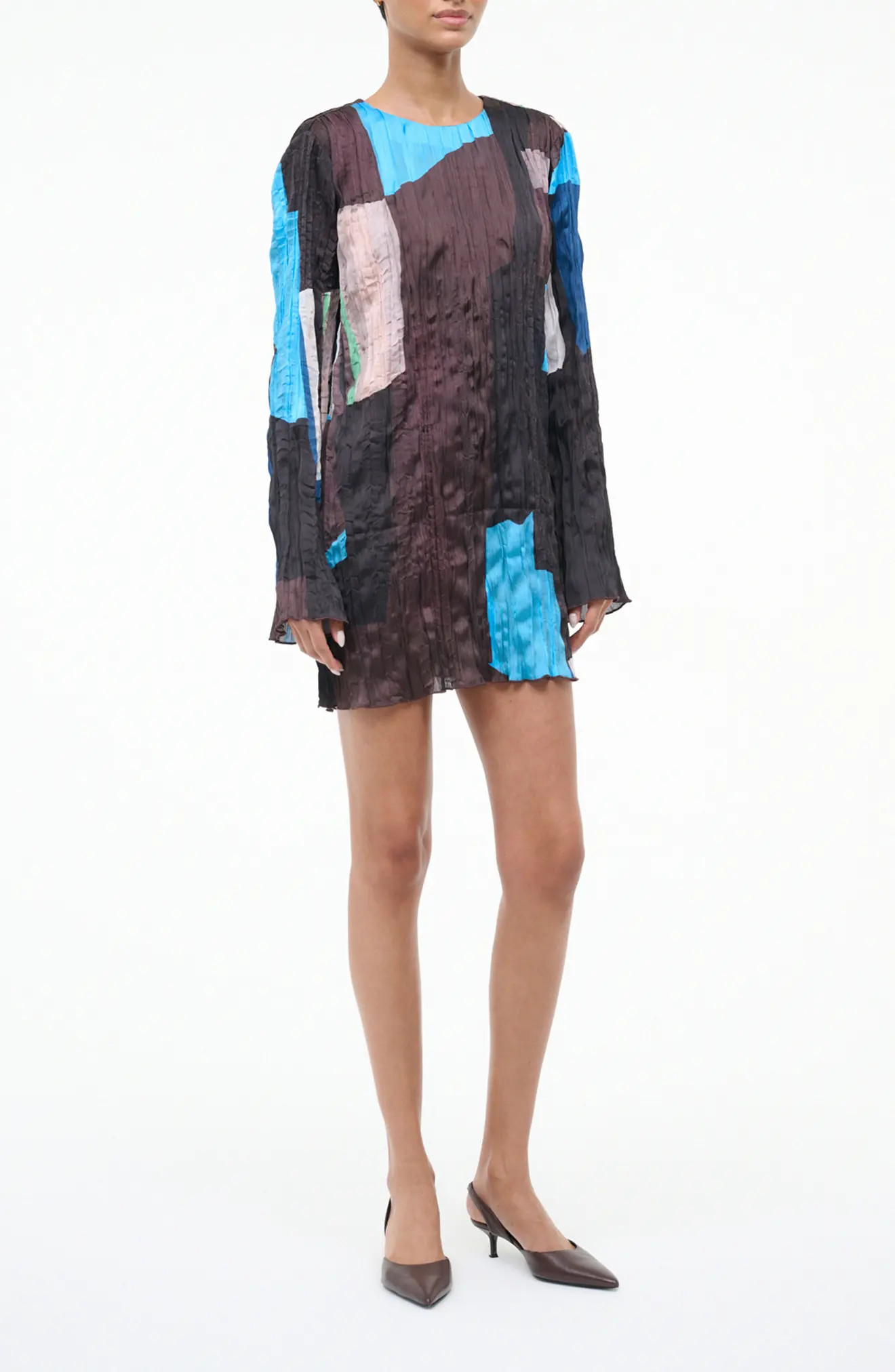 STAUD Kona Colorblock Long Sleeve Crinkle Satin Minidress in Blue Prism at Nordstrom Rack, Size X-Large | Nordstrom Rack