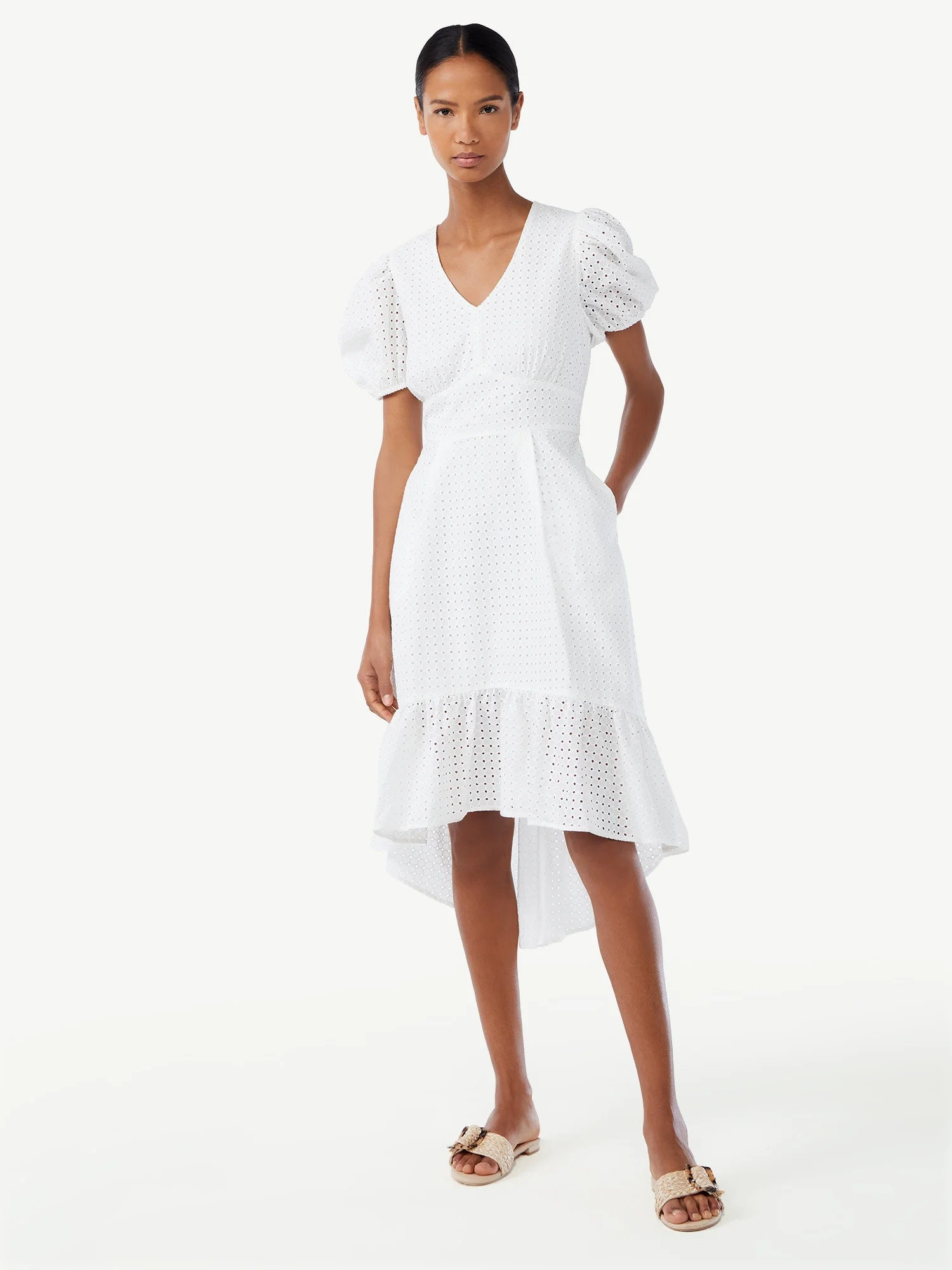 Scoop Women's High Low Eyelet Midi Dress with Puff Sleeves - Walmart.com | Walmart (US)