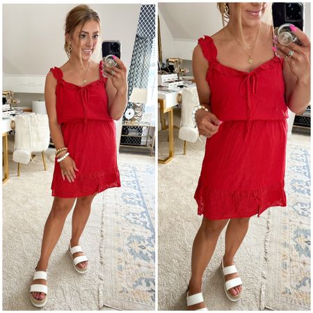 I love a cute eyelet dress for summer time! I especially love wearing red in the summer months. This cute island trim dresses from Walmart, and is lined, and affordable! I recommend sizing down a size in this one. 

 Walmart fashion. Eyelet. Eyelet dress. Red dress. White sandals .