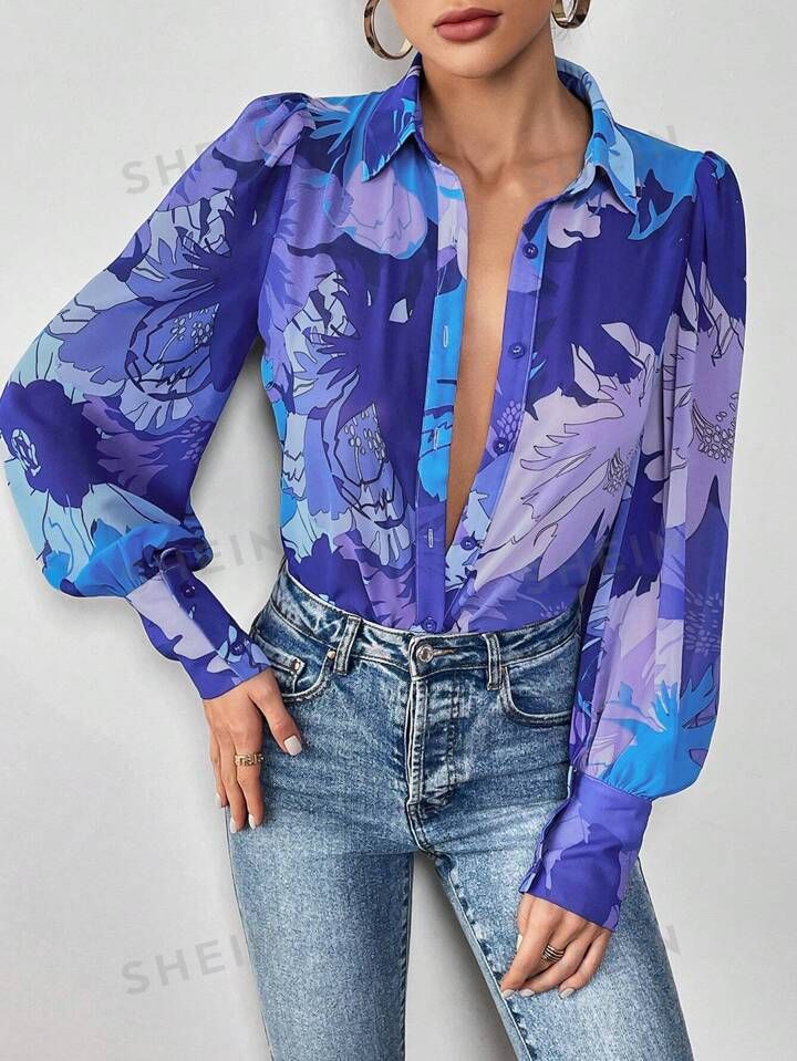 SHEIN Privé Floral Print Button Front Shirt | SHEIN