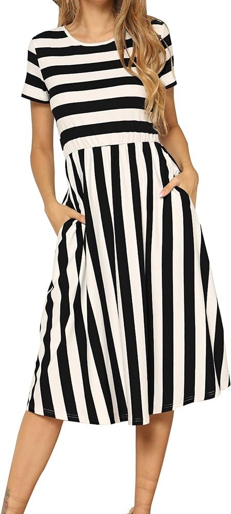 levaca Women's Casual Short Sleeve Striped Swing Midi Dress with Pockets | Amazon (US)