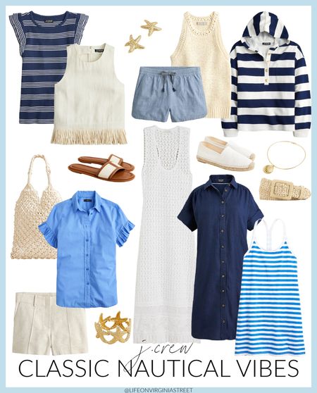 The cutest new nautical outfits from J. Crew! Includes a ribbed striped tee, linen fringe top, stripe hoodie sweatshirt, crochet maxi dress, raffia belt, linen shorts, starfish bracelet and earrings, striped coverup, linen shirtdress, espadrilles, canvas and leather slides and a cute rope tote bag! Many are on sale right now!
.
#ltksalealert #ltkunder50 #ltkunder100 #ltkstyletip #ltkseasonal #ltkfind #ltkitbag #ltkshoecrush #ltkhome #ltkworkwear #ltktravel summer outfits, preppy outfit ideas, beachy outfits, resort wear, yacht clothes, mermaid vibes, starfish, seashells

#LTKSeasonal #LTKunder50 #LTKsalealert