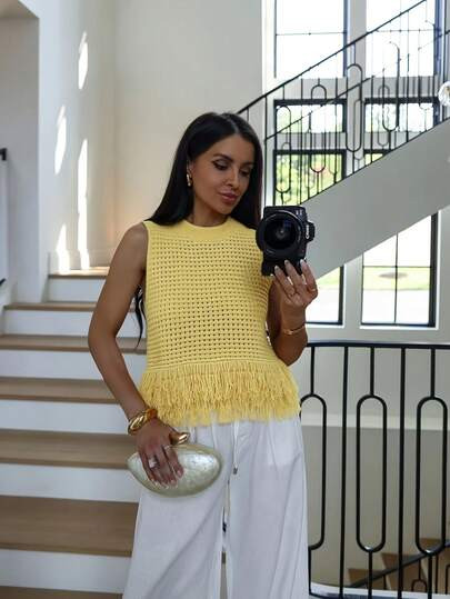 Versatile Crew Neck Solid Color Sleeveless Knit Tank Top Summer | SHEIN