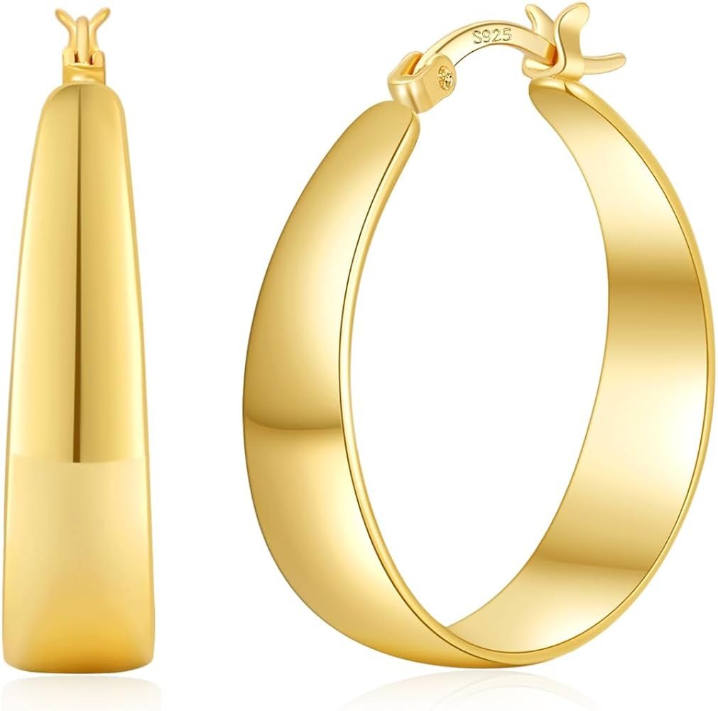 Sterling Silver Hoop Earrings, 8MM Wide Hypoallergenic Silver Hoop Earrings for Women, Lightweigh... | Amazon (US)