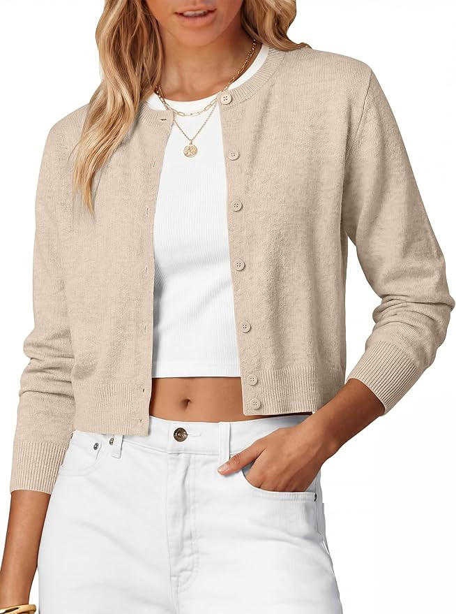 ANRABAESS Women's Cropped Cardigan Sweater | Lightweight Soft Knit，Long Sleeve Crew Neck Button... | Amazon (US)