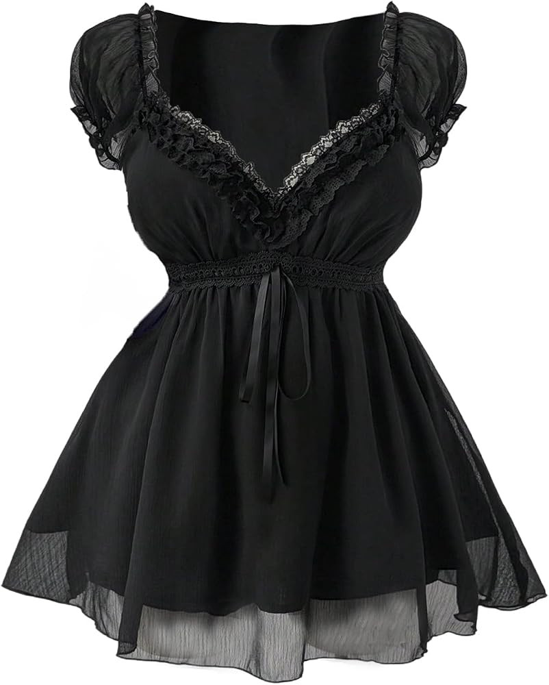 Verdusa Women's Plus Size Y2K Gothic Sheer Lace Blouse Puff Short Sleeve Shirred Ruffle Peplum To... | Amazon (US)
