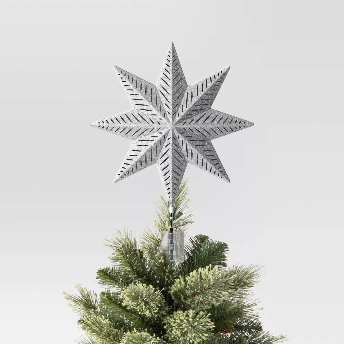 13.5" Pre-lit Glittered 8-Point Star Christmas Tree Topper Silver with Clear Incandescent Lights ... | Target