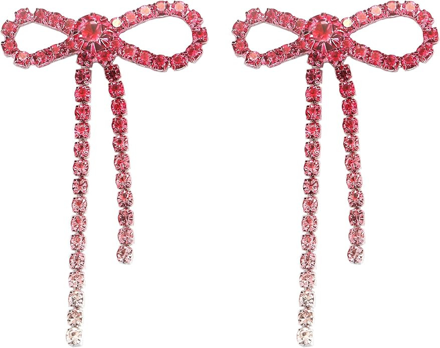 Bow Earrings for Women Rhinestone Long Tassel Earrings Ribbon Bow Drop Earring Silver Stainless S... | Amazon (US)