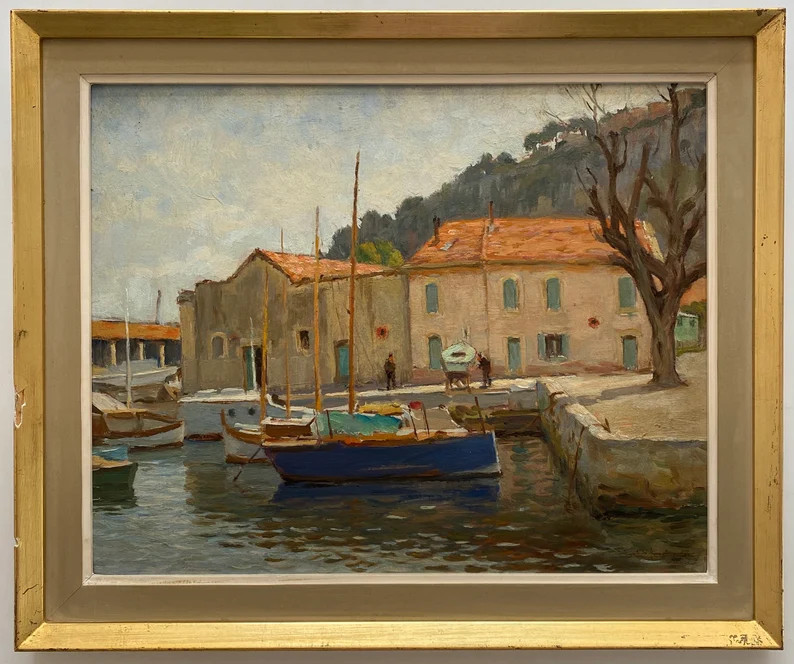 French vintage Mediterranean continental oil painting framed landscape boats seascape harbour Ita... | Etsy (UK)