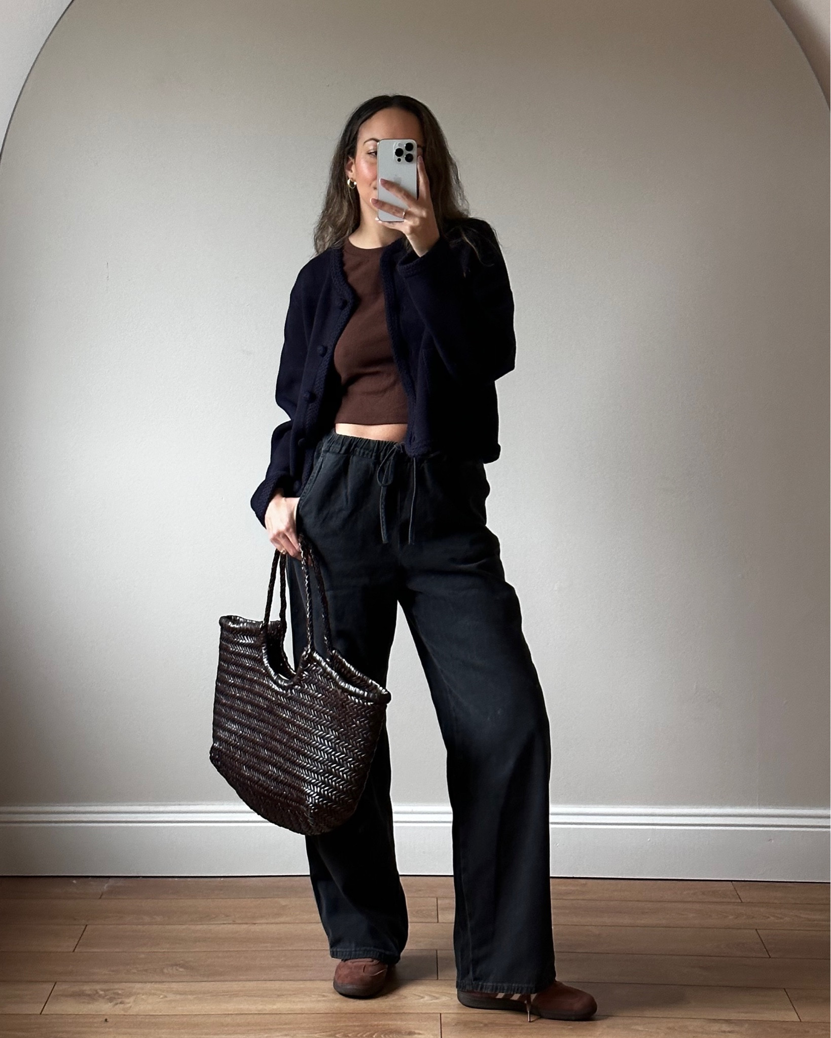 SÉZANE, spring outfit inspo, brown T-shirt, knitted jacket, drawstring denim, capsule wardrobe, brown adidas sambas, woven bag, dragon diffusion, Arket denim, ribbed tshirt, SÉZANE knitwear, everyday style, elevated style, casual style, brown aesthetics

#LTKeurope #LTKstyletip