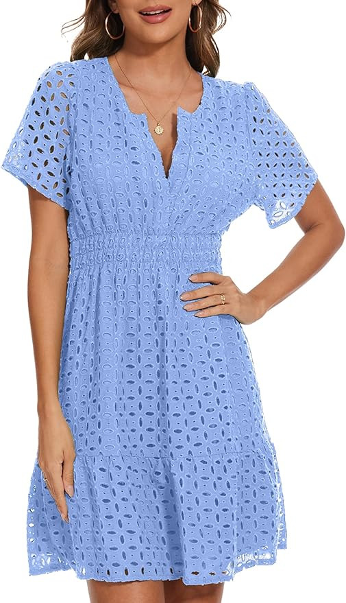 Women Summer Eyelet Lace Dress Casual V Neck Mini A Line Hollow Out Embroidered Formal Dress Sund... | Amazon (US)