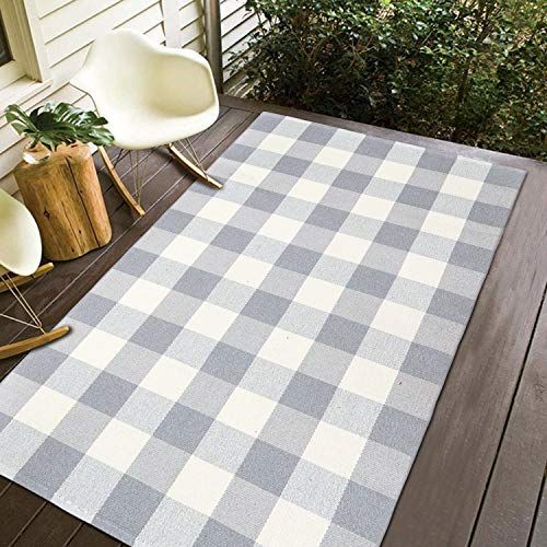 Cotton Buffalo Plaid Rug, KIMODE Gray/White Hand-Woven Checkered Welcome Door Mat 35.4'' x 59'', ... | Amazon (US)