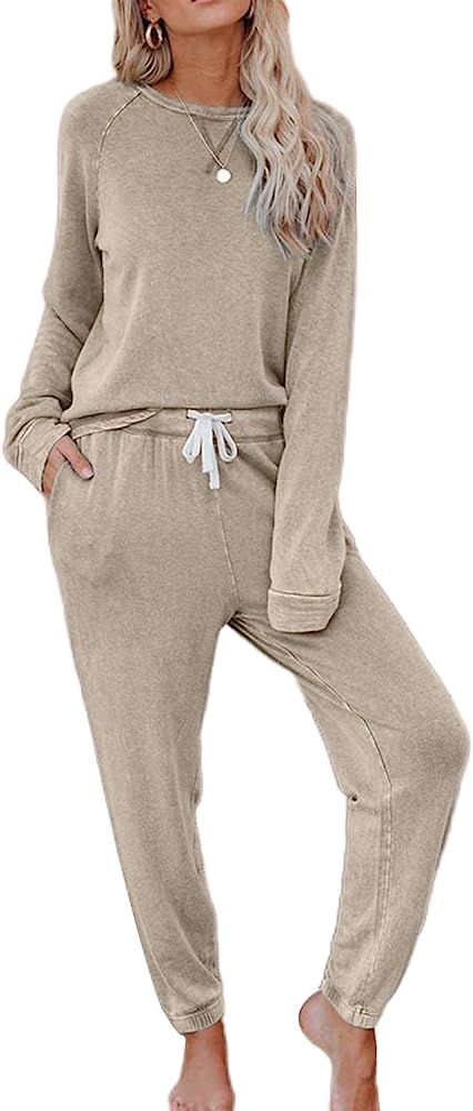Saeklia Cozy 2 Piece Outfits Lounge Sets for Womens Loungewear Long Sleeve Tops and Joggers Sweat... | Amazon (US)
