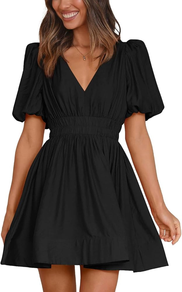 BWQ Women Mini Dress Short Puff Sleeve Sexy V Neck Dress A-line Elastic High Waisted Casual Flowy... | Amazon (US)