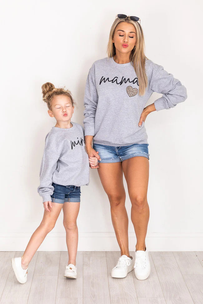 Mama Script Brown Animal Print Grey Graphic Sweatshirt | Pink Lily