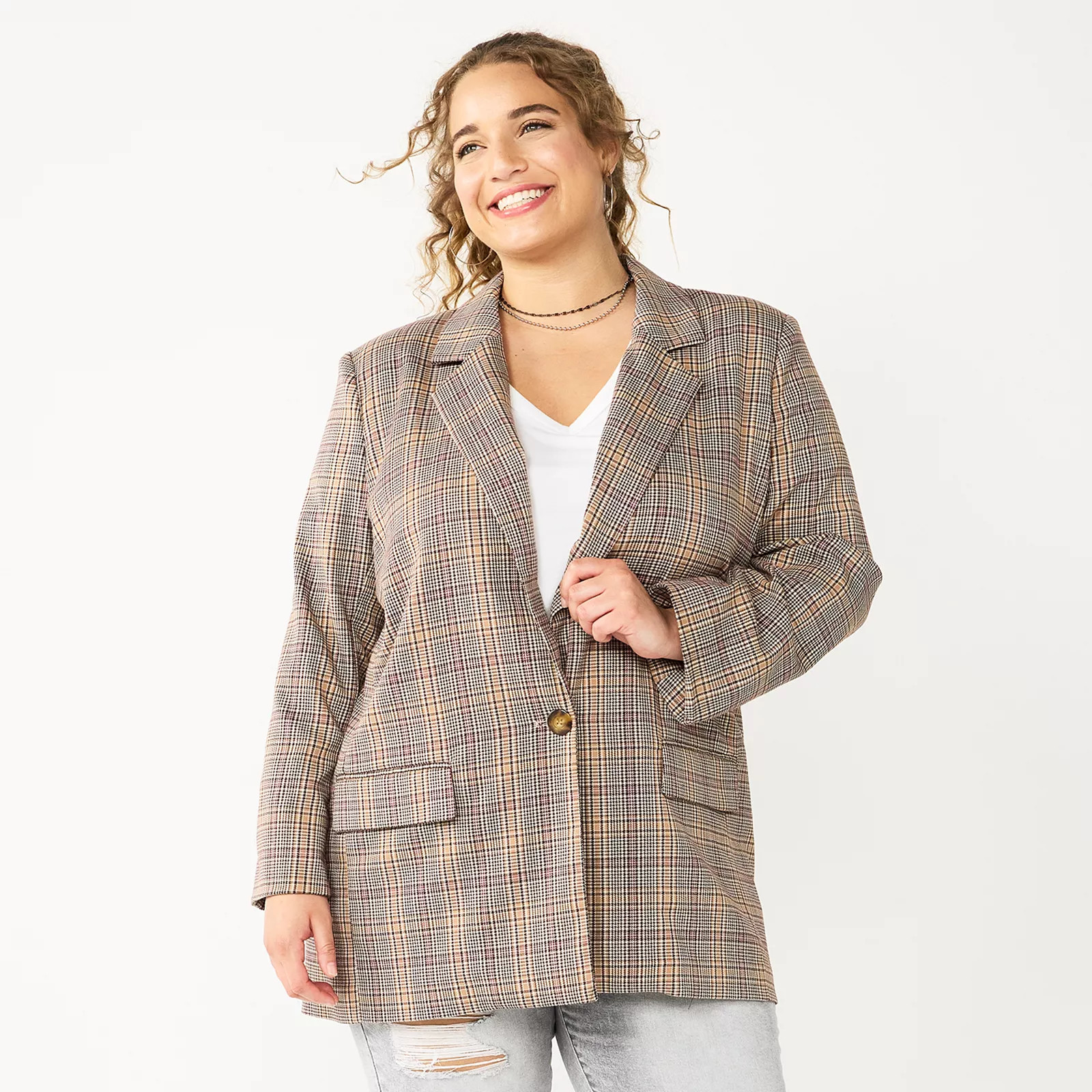 Juniors' Plus Size SO Oversized Plaid Pocket Blazer, Girl's, Size: 2XL, Med Brown | Kohl's
